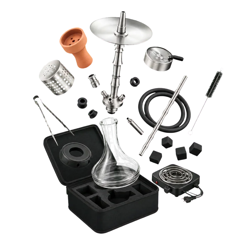 Shisha components, accessories, and charcoal bursting from an open carrying case