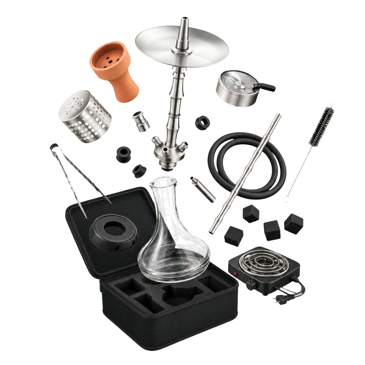 Shisha components, accessories, and charcoal bursting from an open carrying case